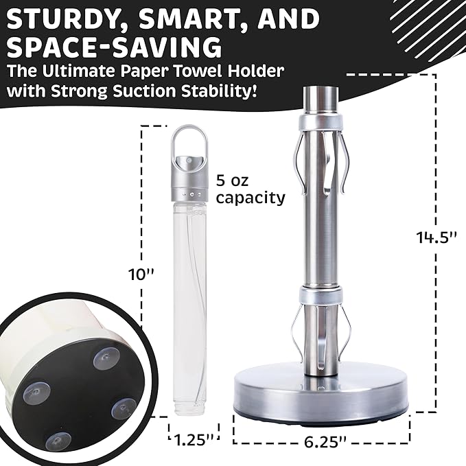 Stainless Steel Paper Towel Holder with Spray Pump – One-Handed Tear, Smart Traction System, 5 oz Sprayer Bottle, Heavy Duty Suction Cups, Weighted Base, Kitchen Towel Dispenser for Countertop Use