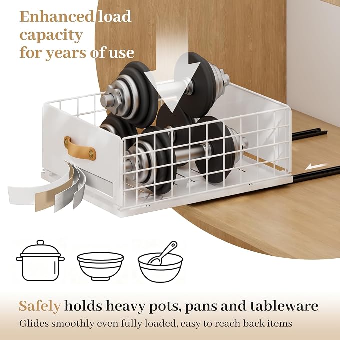Pull Out Cabinet Organizer, No-Drill Pantry Drawers, Slide Out Shelves with Bamboo Risers for Lipped Cabinets,Ideal for Kitchen, Bathroom & Under Sink Storage (White, 9.8" Wide-15.7" Deep)