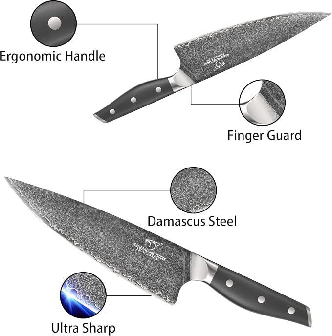 Damascus Knife Set with Block, 16-Piece VG10 67-Layer Steel Kitchen Knives | 16-piece premium Damascus kitchen knife set with VG10 steel core, 67 layers, wood block, and triple-rivet handles