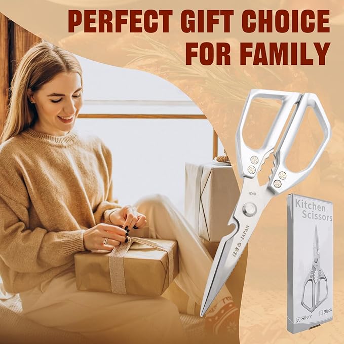 Kitchen Scissors, Heavy Duty Stainless Steel Kitchen Shears, Sharp Silver Meat Scissor, All-Purpose Poultry Scissors, Japanese-Style Cooking Shears for Turkey, Chicken, Thanksgiving, Christmas