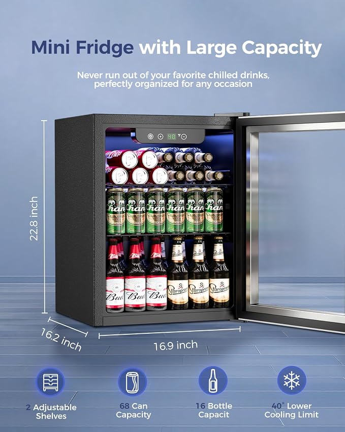 Feelfunn 1.7 Cu.Ft Beverage Refrigerator Cooler - 68 Can Mini Fridge Glass Door for Drink Soda Beer Wine - Small Refrigerator for Bedroom Office Home Dorm Bar, Silver