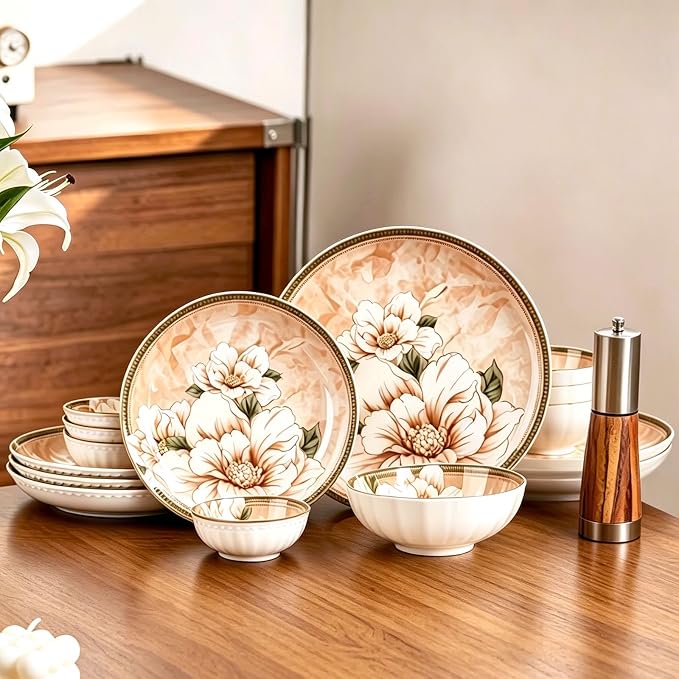 16-Piece Dinnerware Set for 4, Ceramic Plates and Bowls Sets, Microwave & Dishwasher Safe Dish Sets for Daily Use & Gifting, with Vintage Camellia Floral Pattern