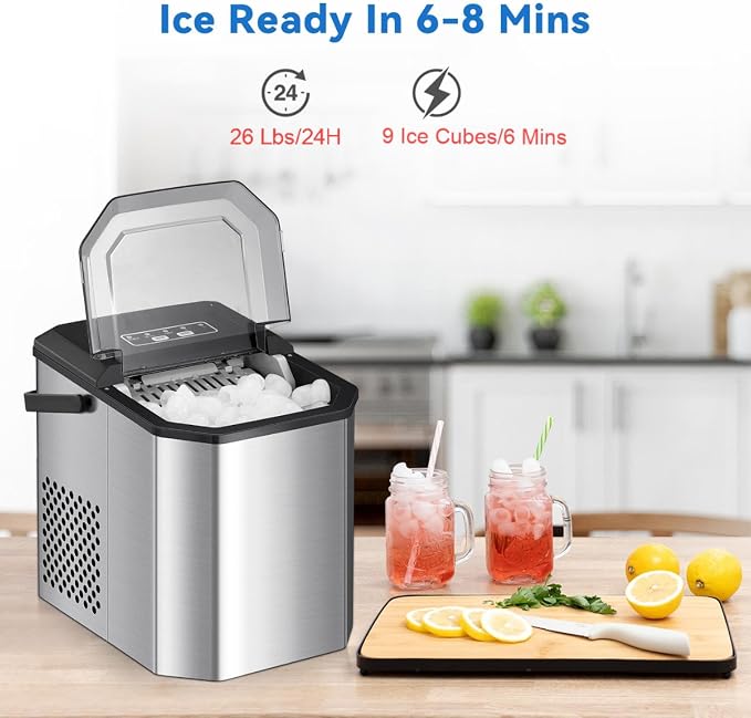 Countertop Ice Maker 26Lbs/24Hours Portable Small Ice Machine Stainless Steel Bullet Ice Machine with Scoop, Low Noise, Compact, Self-Cleaning Mini Ice Maker for Kitchen Office Camping Party