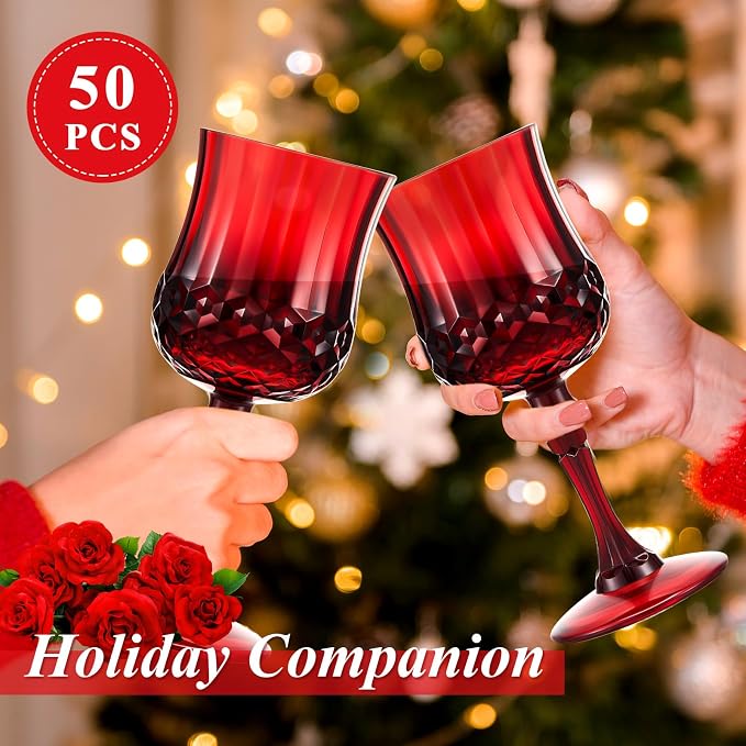 Pinkunn 50 Pcs 7 oz Plastic Vintage Wine Glasses Reusable Colored Goblets Patterned Drinking Water Glasses Cup Dishwasher Safe for Mother's Day Wedding Reception Party Supplies (Red)