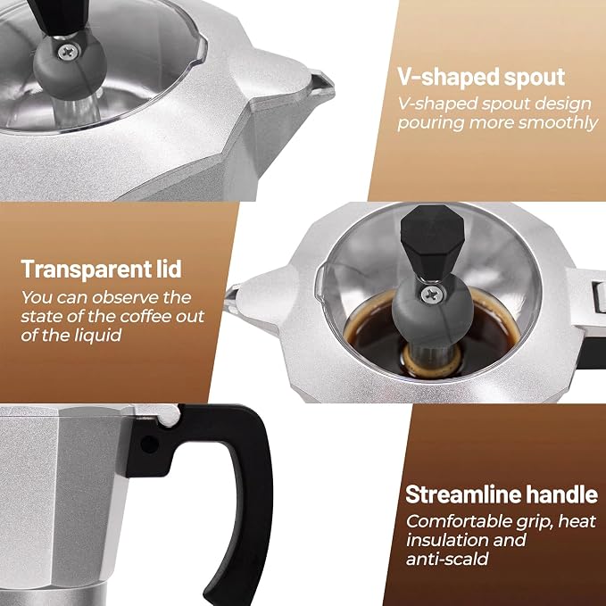 Electric Aluminum Moka Pot 3-6 Cup 150-270ml Espresso Maker with Detachable Base Ideal Coffee Makers for Home MochaPot Italian and Cuban Café Coffeemaker Espressomaker CoffeePot Silver
