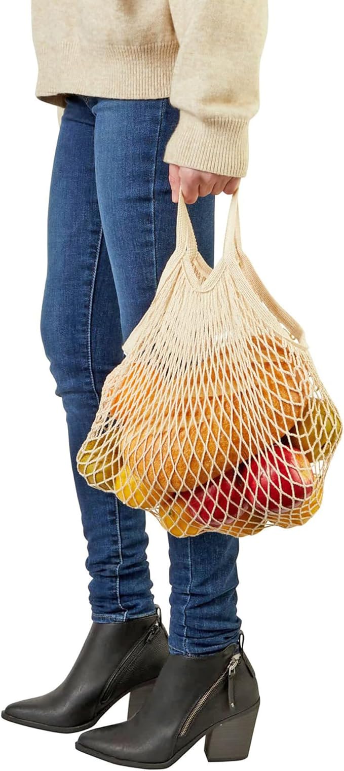 FixtureDisplays® 3 PK Reusable Cotton Mesh Grocery Bags, Lightweight Washable String Bags for Shopping, Fruits, Beach & Daily Use 22049-3PK-1D