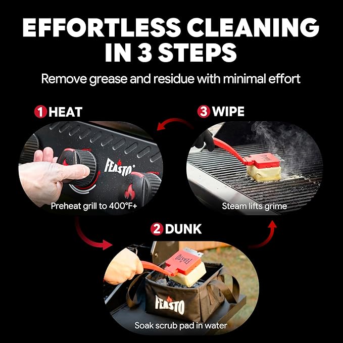 Feasto Bristle Free Grill Brush with Scraper for Outdoor Grills, Reinforced Steam BBQ Cleaning Brush with Replaceable Cleaning Head, Safe Grill Cleaner for Cast Iron & Stainless Steel Grates, Red