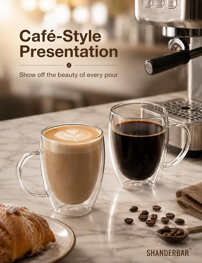 Set of 4 Double Walled Glass Coffee Mugs with Handles, 12oz Clear Coffee Mugs for Hot/Cold Beverages, Insulated Borosilicate Glass Cups for Cappuccino, Espresso, Latte, Tea, Milk, Microwave Safe