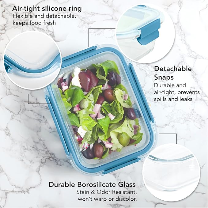 ECOBERI 4.5 Cup Glass Meal Prep Containers with Lids & Silicone Sleeves, 5-Pack Airtight, Leak-Resistant Food Storage Containers for Fridge, Freezer, Oven & Microwave