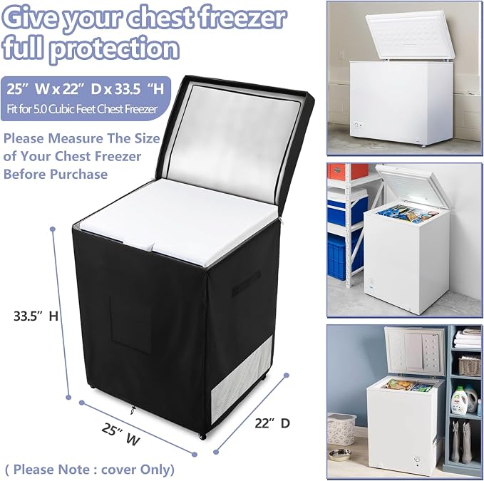 Deep Freezer Covers for Outside,Heavy Duty 600D Durable Chest Freezer Cover Waterproof,Outdoor Freezer Covers for Outside 5.0 Cubic Feet Chest Freezer,Top Can Be Opened(25"W x 22"D x 33.5"H,Black)