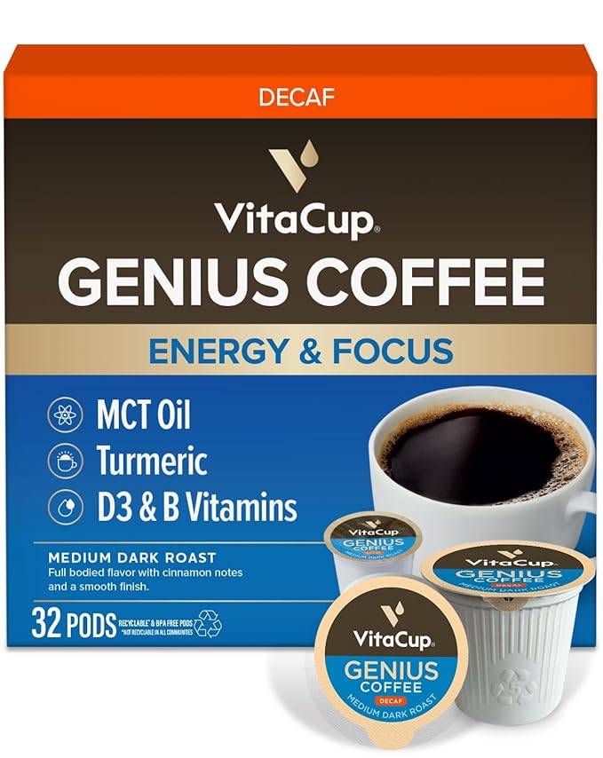 Decaf Genius Keto Coffee Pods with MCT Oil, Turmeric, and B Vitamins by VitaCup for Focus in Single Serve Pod Compatible with K-Cup Brewers Including Keurig 2.0, 32 CT