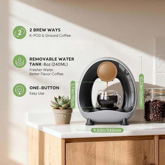 Single Serve Coffee Maker 2 in 1, 1400W Fast Brewer for K-Cup Pods & Ground Coffee, One-Touch Americano & Tea Machine with 2 Reusable Filters, Compact Design for Home Office RV Dorm