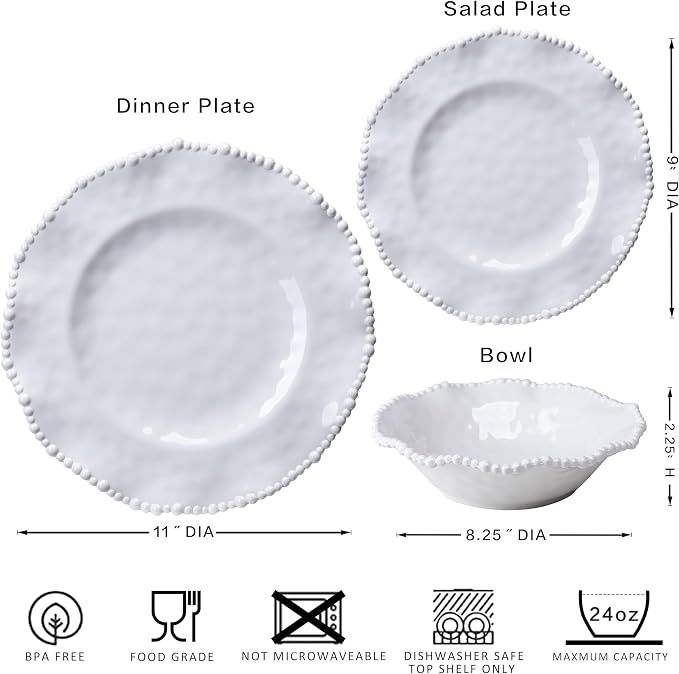 Creamy Beaded Melamine Dinnerware Sets, Set of 6,18 piece Farmhouse Plates and Bowls Set, Lightweight, BPA-Free Scalloped Rim Dishes Dinner Serving Set for Indoor & Outdoor Use, off-white