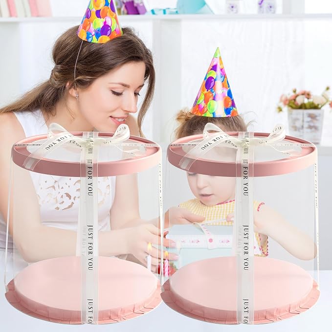JCD Pink Multi-Layer 10 * 10 Inch Round Clear Cake Boxs with Ribbon,6 Pack Tall Transparent Packaging Cake Containers PET Cake Carrier Box for Birthday (Pink, Round 10inch/6pcs)