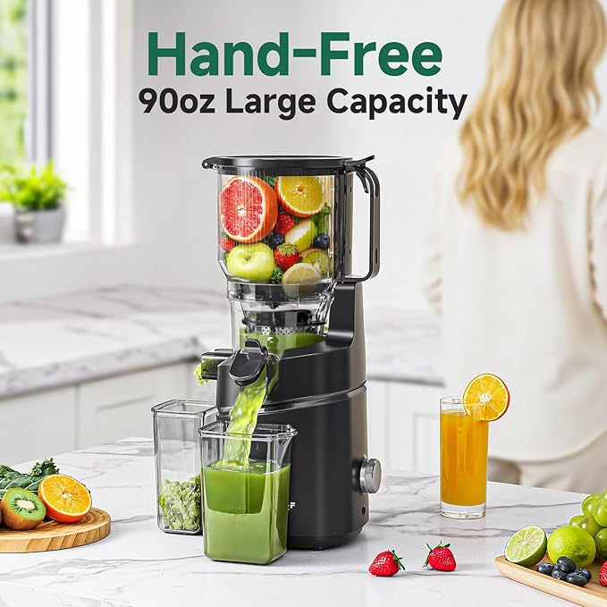 AMZCHEF Cold Press Juicer – 6.5" Wide Mouth Hopper for Whole Recipe Loading, Self Feeding for Hands-Free Operation, Zero Waste Masticating Juicer For More Juice, Less Pulp – Triple Strainers