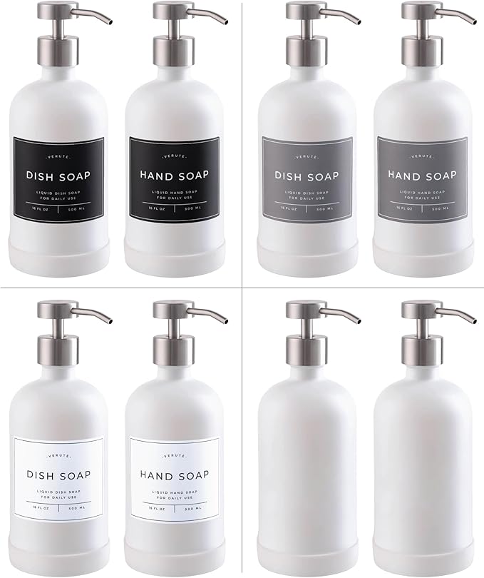 Hand and Dish Soap Dispenser for Kitchen and Bathroom, Set of 2 16 Oz Glass Bottles, Stainless Steel Pumps, Non-Slip Silicone Base, 27 Waterproof Labels (Matte White Bottle/Brushed Silver Pump)