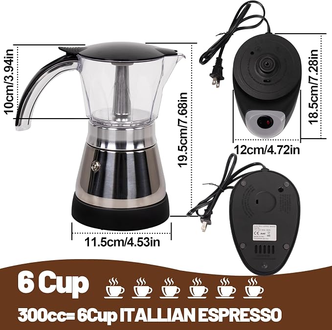 Electric Moka Pot 3-6 Cup 150-300ml Plastic Transparent Stovetop Espresso Maker Portable Stainless Steel Mocha Pot Percolator Italian Coffee Makers Greca Machine Cafe Classic for Home Camping