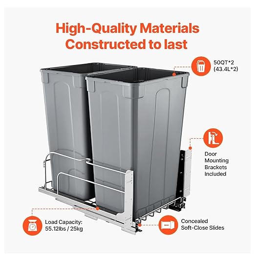 Double Pull Out Trash Can, 50QTx2 Kitchen Waste Container with Soft Close - Grey - Under Cabinet Sliding Bin for Kitchen, Home, Office