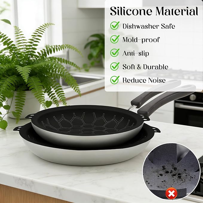 3 Piece Set Silicone Pan Protectors (Includes 8",10",12"), Pan Separators for Stacking Compatible with Hexclad, Tfal, All-Clad Nonstick Frying Pans and More, Cookware Protector, Dishwasher Safe, Black