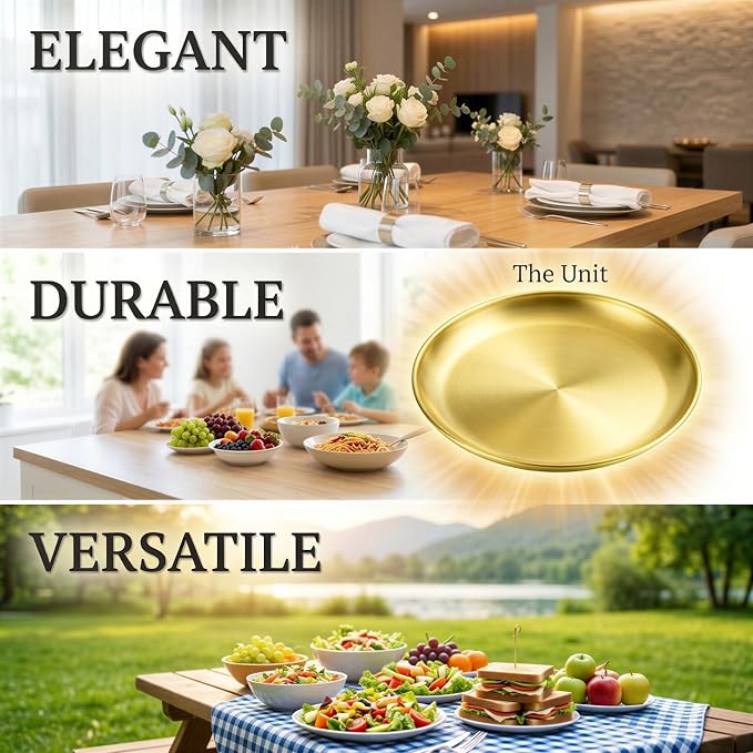 30PCS Stainless Steel Plates and Bowls Sets, Includes 6Set Plates, Beer Mugs, Salad Bowls, Gold Forks & Spoons, 304 Reusable Camping Mess Kits for Home Kitchen, Dorm and Outdoor Picnic (Gold-B)