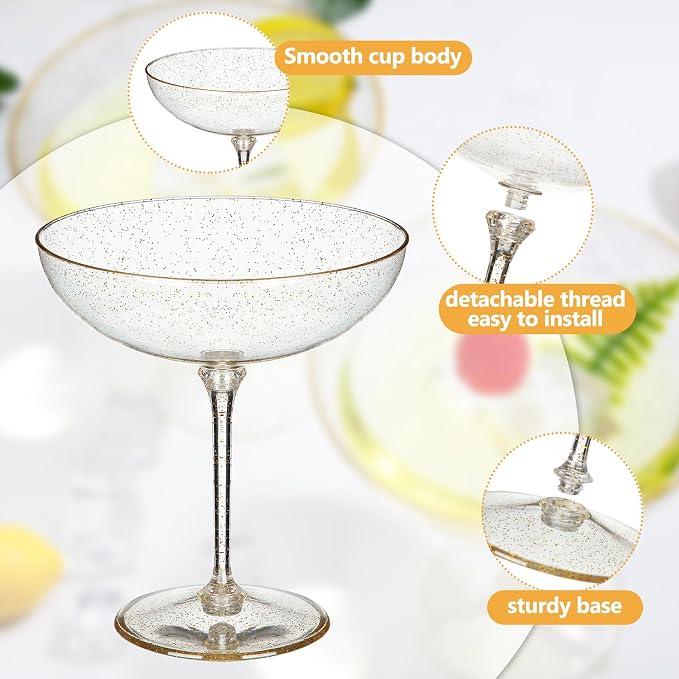 LemonRoad 24 Pcs Detachable Martini Glasses 9oz Disposable Plastic Coupe Cocktail Dessert Glassware Set for Champagne Wine Wedding Birthday Holiday Party Supplies (Transparent Gold Powder)