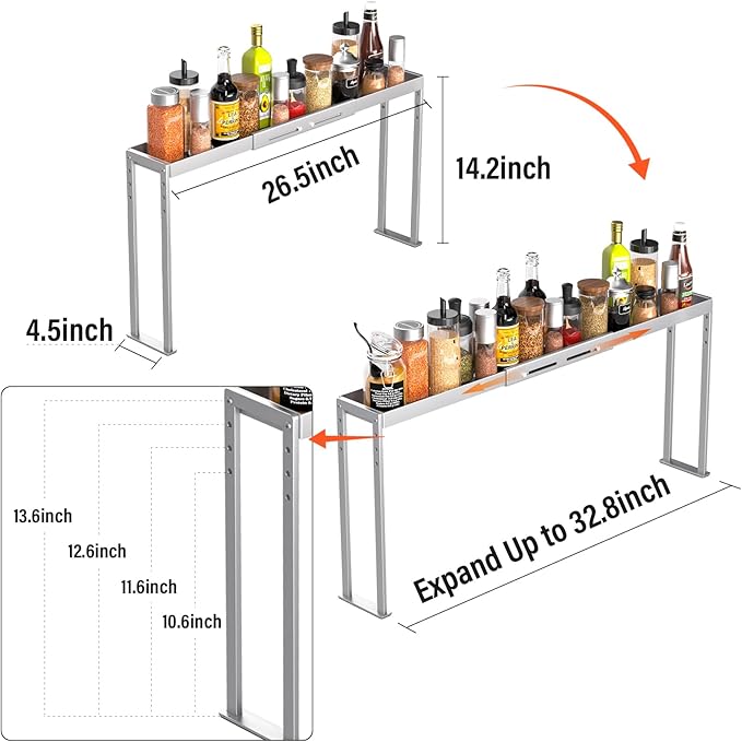 BOIVSHI Stove Top Shelf - Adjustable Oven Shelf for Top of Stove for 27-33inch, Kitchen Spice Organizer, Silver