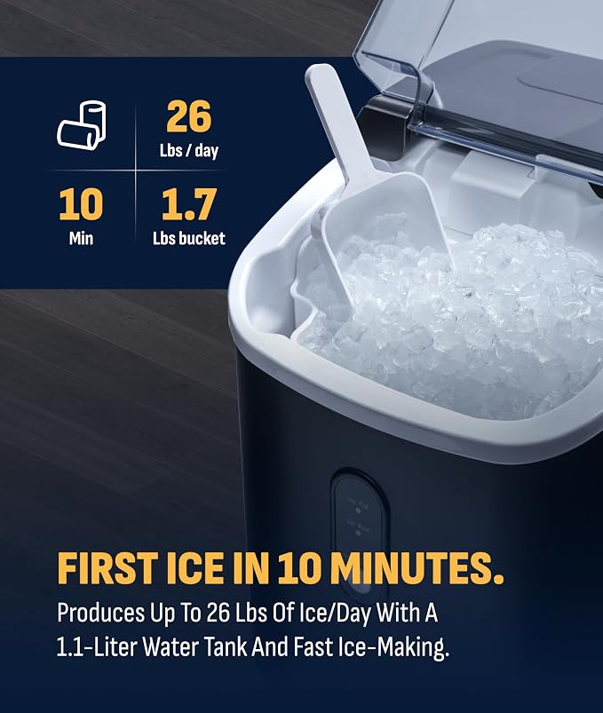 NewAir Nugget Ice Maker | Countertop Portable Ice Machine | 26 lbs/Day Soft Chewable Nugget Ice in 10 Min | Matte Black Compact Design