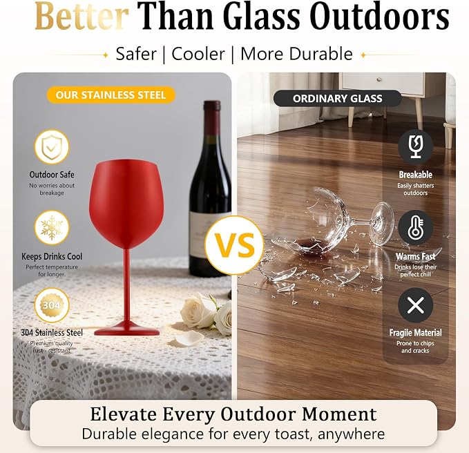 UNISWEET Stainless Steel Wine Glasses Set of 4 Unbreakable Wine Glass 18 oz Unique Metal Wine Goblets for Outdoor, Travel, Camping, Pool, Ideal Gift for Wine Lovers (Matte-Red)