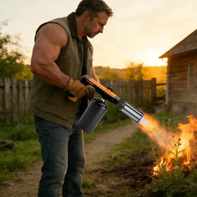Propane Torch Gun With One-Touch Max Fire, Adjustable Kitchen Torch, Powerful Propane Torch With Many Safety Features(Tank Not Included)