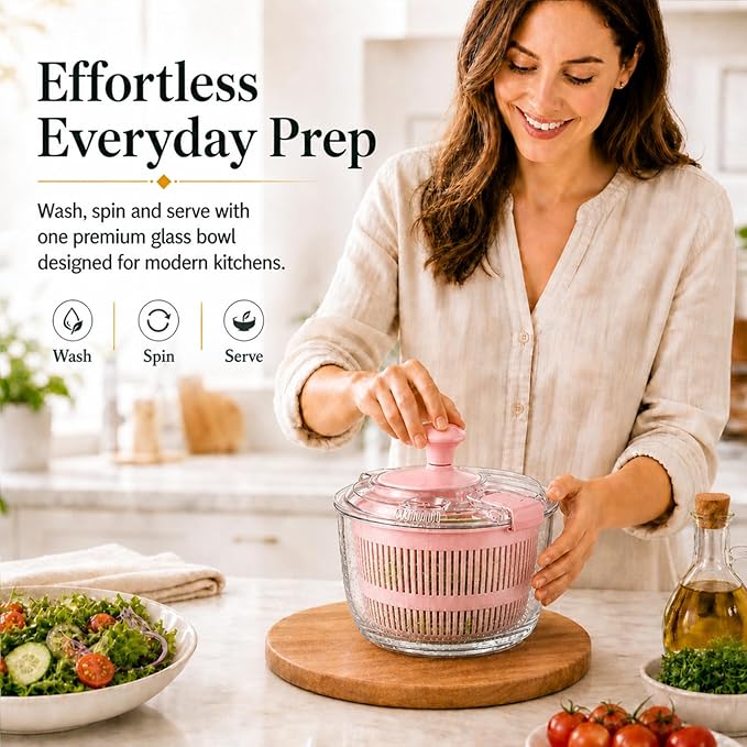 Good Grips 3.2 Qt Glass Salad Spinner Small Vegetable Dryer with Drain Microwave Safe Dishwasher Safe with Transparent Lid Crank Handle Quick Spin Greens Washer for Lettuce Herbs Fruits Pink
