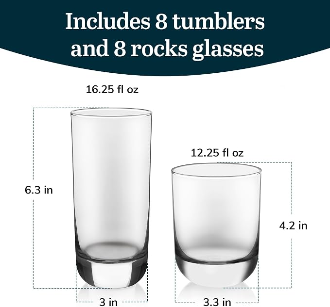 Libbey Drinking Glasses Polaris Tumbler and Rocks Set of 16, Clear, Sturdy Drinkware Glasses Set, Kitchen Glassware for Cocktails, Soda, and More