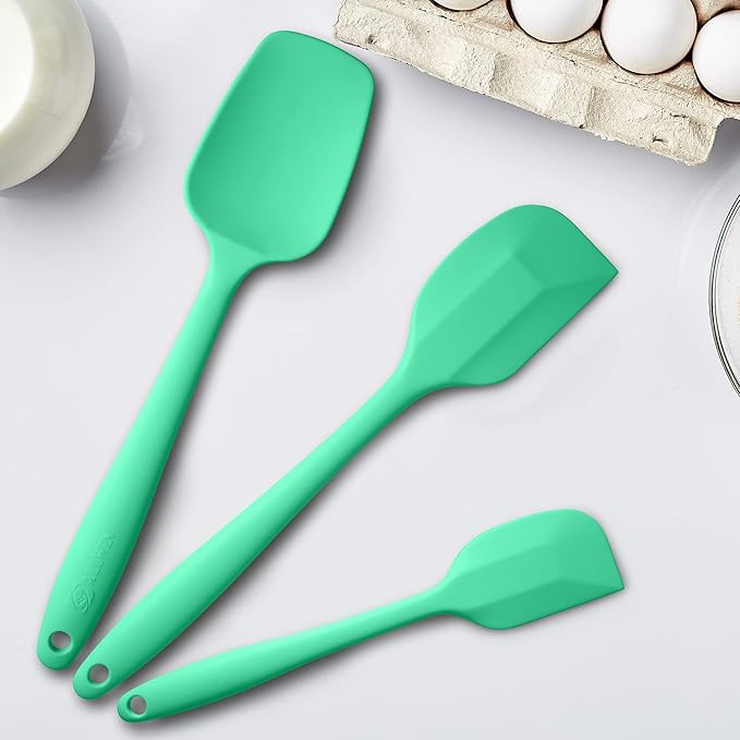 Silicone Spatula 3‑Piece Set Heat Resistant 600°F Non‑Stick Rubber Spatulas with Stainless Steel Core ALLWIN HOUSEWARE Large Spatula, Spoonula & Mini Spatula for Cooking & Baking, Macaron Green