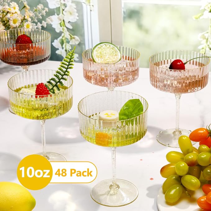Jingmore 48 Pcs Ribbed Martini Glasses 10 oz Disposable Plastic Vintage Ribbed Coupe Glasses with Gold Rim Cocktail Unbreakable Dessert Parfait Glassware for Wedding Party Supplies (Clear)