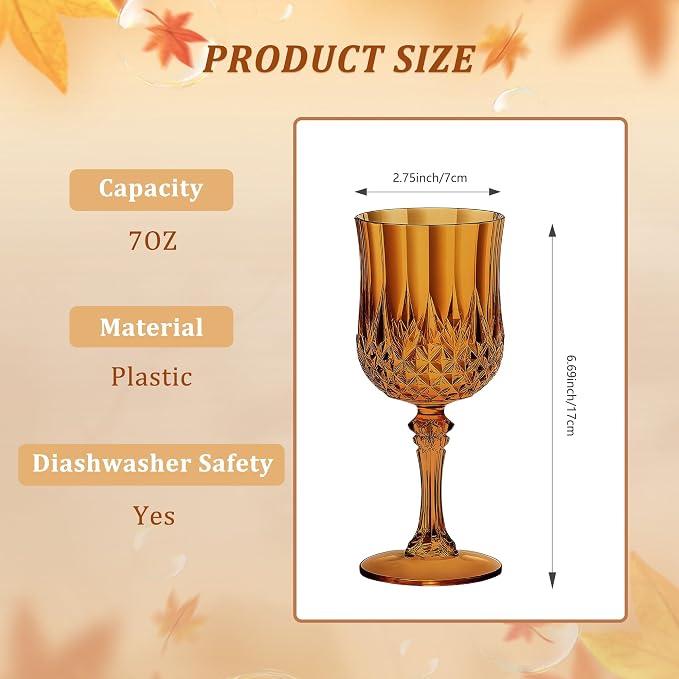 7OZ Plastic Wine Glasses, Reusable Vintage Goblets Unbreakable Drinking Glasses Crystal Water Cups Champagne for Wedding, Parties (48, Amber)