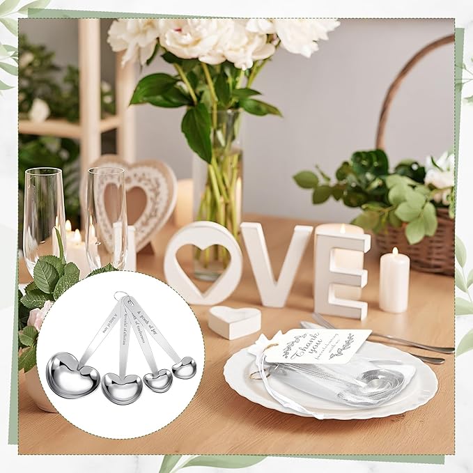 Umigy 30 Set Heart Shaped Measuring Spoon Tea Spoons Wedding Baby Shower Favors for Guests Set Heart Shape Drawstring Organza Bag Gift Tag Rope for Wedding Bridal Shower Souvenir (Silver)