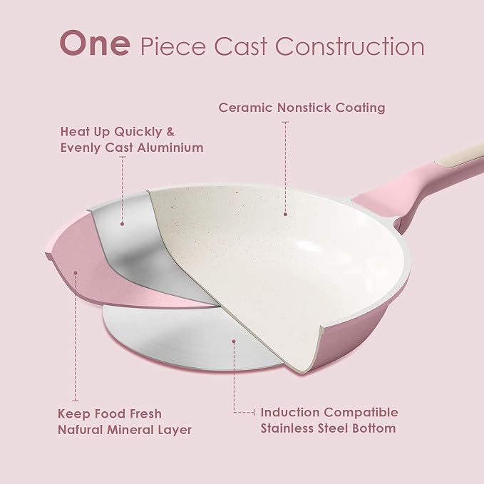 SENSARTE Large Nonstick Ceramic Cookware Set 13Pcs with 8-inch Frying Pan, Healthy Non Toxic Pan Set Induction Compatible with Heat Resistant Handle, PFAS-Free, Pink