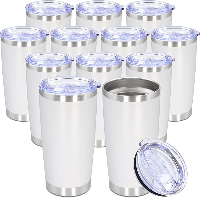 20oz Tumbler Bulk Stainless Steel Tumbler Cup with Lid Vacuum Insulated Double Wall Travel Mug, Durable Powder Coated Travel Coffee Tumbler Mug for Hot & Cold Drinks, White,12 Pack