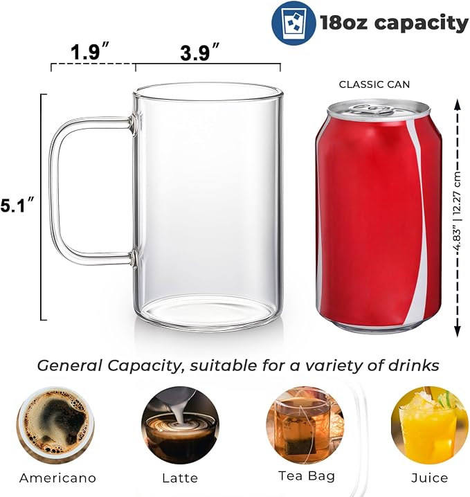 Aquach 18oz Glass Coffee Mugs Set of 4, Large Clear Borosilicate Cups | Dishwasher/Microwave Safe, Single-walled, Smooth Rim, Handle Comfort, Large Capacity Fits Hot/Cold Brews