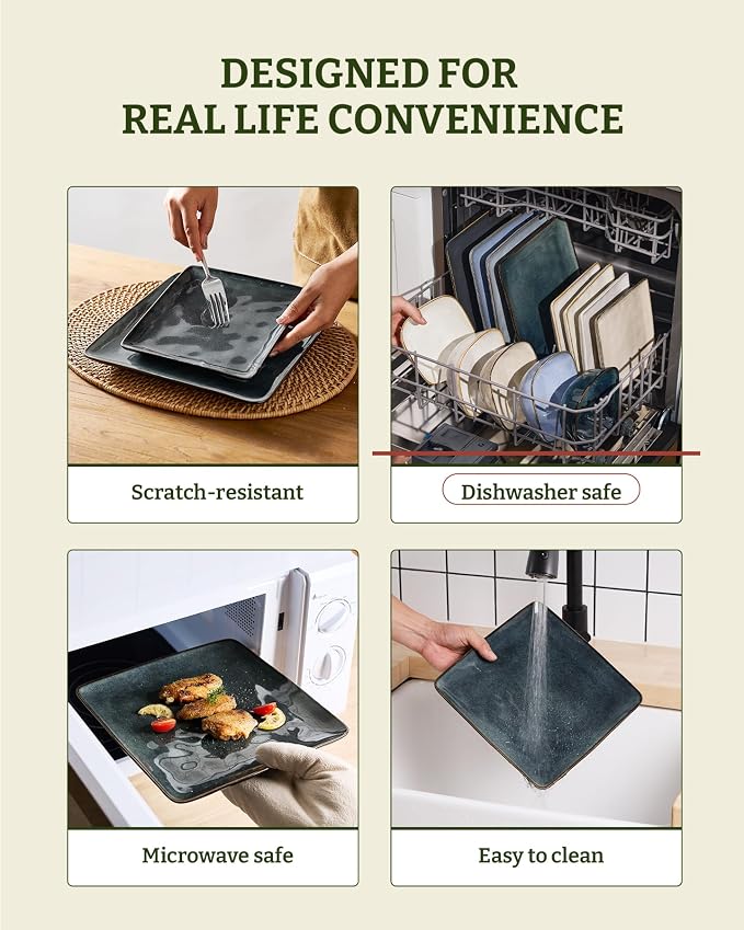 Famiware Stoneware Dinnerware Sets for 4, Ocean Square 12-Piece Kitchen Plates and Bowls Sets, Reactive Glaze, Microwave and Dishwasher Safe, Scratch Resistant, Deep Forest