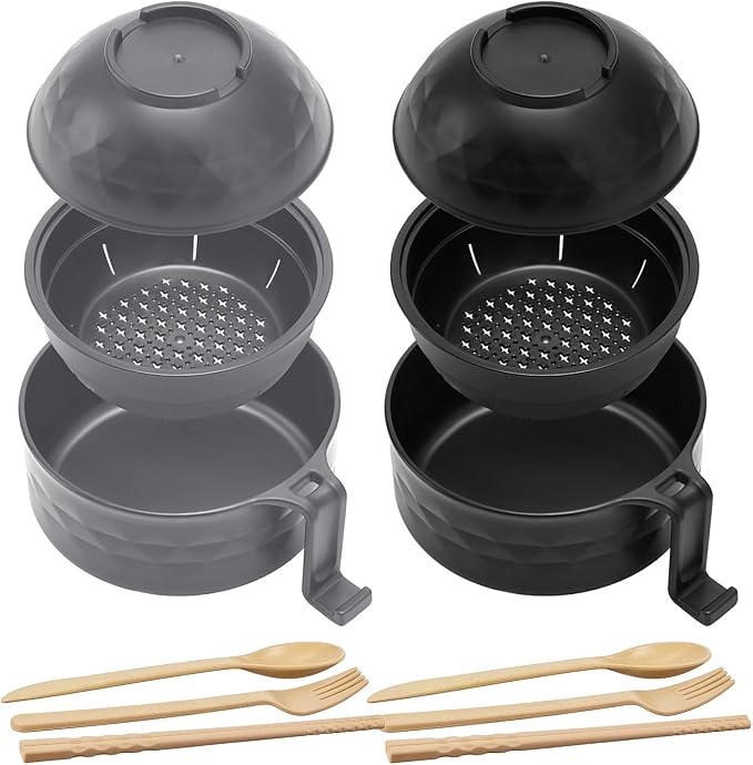2 Sets Microwave Ramen Bowl 40 oz Wheat Fiber Portable Instant Noodle Cooker Bowl with Handles Strainer Spoon Chopstick Fork College Dorm Room Apartment Essentials(Gray,Black)