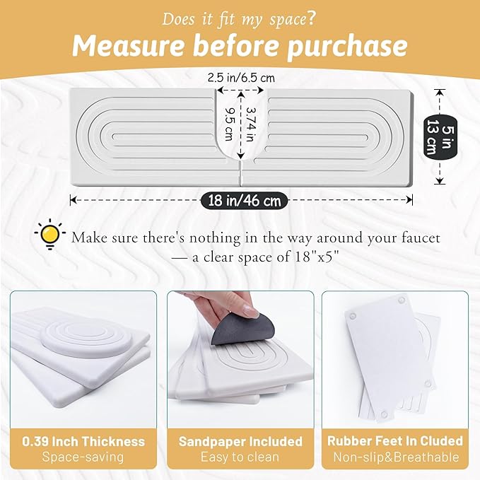 U Shape Sink Draining Mat Behind Faucet, Super Absorbent Diatomite Fast Drying Stone, Quick Drying Splash Guard, Prevents Moisture Buildup, Around Faucet Drip Mat for Kitchen Bathroom Counter, White