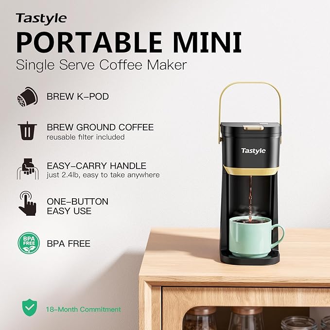 Tastyle Mini Single Serve Coffee Maker with 30 Descaler Cleaner Tablets, Single Cup Coffee Maker with Portable Handle for K Cups and Grounds