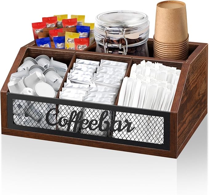 Coffee Station Organizer for Counter, Wood Pods Holder Basket with Removable Dividers, Office Coffee Bar Accessories Decor for Syrup, Cups, Stirrer, Tea
