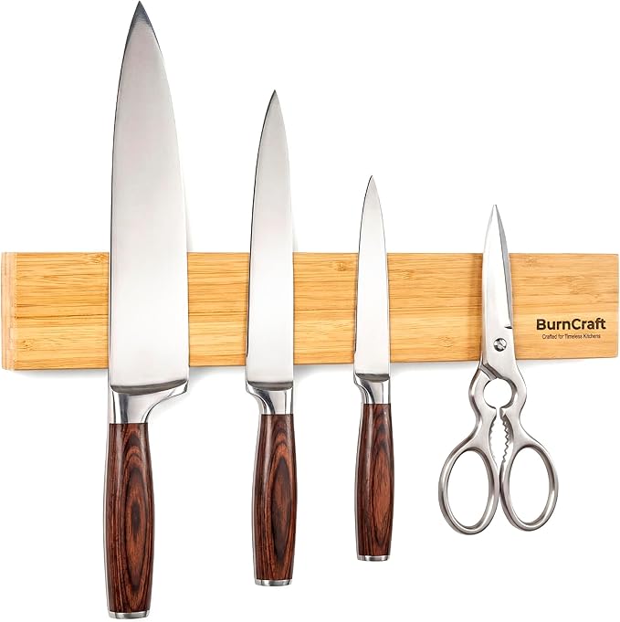 Magnetic Knife Strip, 16 Inch Bamboo Magnetic Knife Holder for Wall, Solid Wood Kitchen Knife Storage Rack, Strong Magnetic Knife Bar, Kitchen Utensil Holder with Powerful Magnet