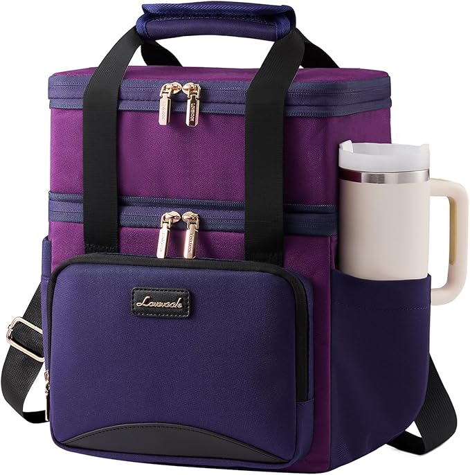 LOVEVOOK Insulated Lunch Bag For Women Men,Expandable Double Deck Lunch Box With Large Cup Holder,Leakproof Cooler Bag For Adult Lunch Tote Bag Work Picnic Beach with Adjustable Shoulder Strap Gift