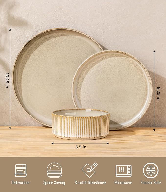 GBHOME Stoneware Dinnerware Sets for 4, 12 Pieces Lightweight Ceramic Ribbed Plates and Bowls Set, Reactive Glaze Stackable Plate Sets, Scratch Resistant Dishes, Microwave & Dishwasher Safe,Cappuccino