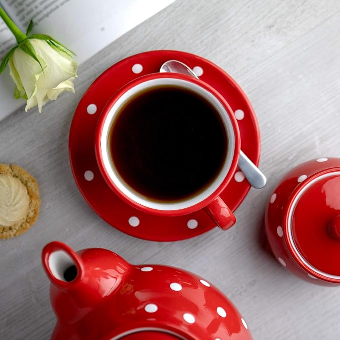 City to Cottage Handmade Red and White Polka Dot Large Ceramic 12oz/350ml Cappuccino Coffee Tea Cup and Saucer, Unique Designer Pottery Gift for Tea Lovers