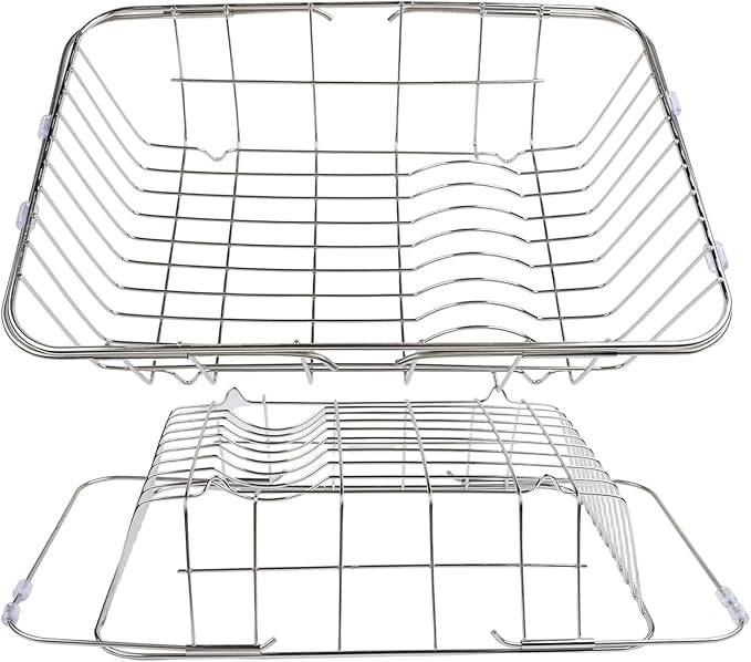 Sink Dish Drying Rack Adjustable Stainless Steel with Non-Slip Rubber Feet Space-Saving Over Sink Design for Kitchen Counter Organization and Utensil Holder(34.5x25x11cm)