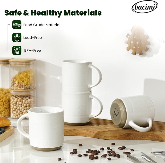 Bacimi® - Coffee Mugs Set of 4 - Stoneware Mugs 13.5oz - Ceramic Coffee Cups with Handle - Large Coffee Mug for Cappuccino, Latte & Hot Beverages - Eggshell White