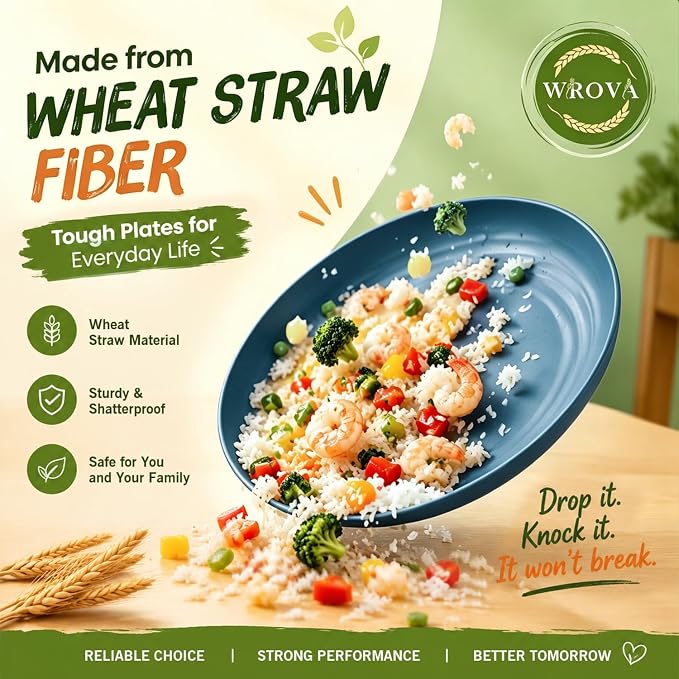 Wrova Kitchen Plates and Bowls Set Service for 8, 40-Piece Wheat Straw Dinnerware Sets Unbreakable Dinner/Salad Plates/Cereal Bowls/Sauce Cups/Cups Set, Dishwasher Safe Daily Living Dinnerware- Blue